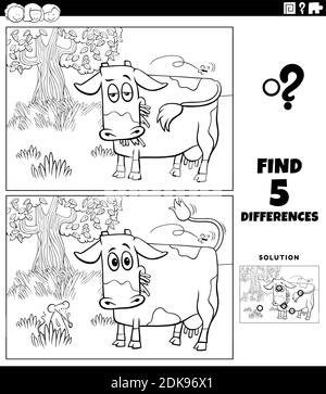 Illustration de dessin animé noir et blanc de la recherche des différences entre images jeu éducatif pour les enfants avec le caractère animal de ferme de vache sur le p Illustration de Vecteur