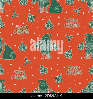 Motif de Noël sans couture avec cloches dorées, gnome et feuilles de houx sur fond rouge. Illustration de Vecteur