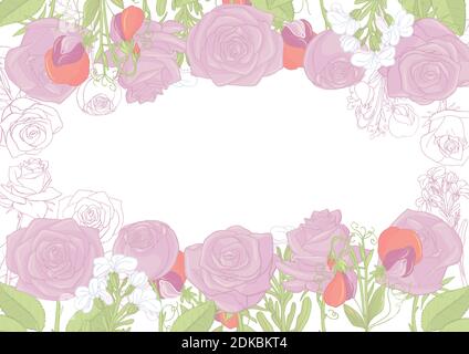Card with hand drawn rose and peony arrangement. Greeting card template. Vector Illustration de Vecteur