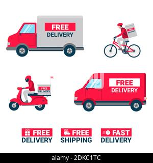 Concept des services de livraison, concept de livraison express de la commande de produits alimentaires ou de produits. Entrepôt, camion, scooter et transporteur de bicyclettes Illustration de Vecteur