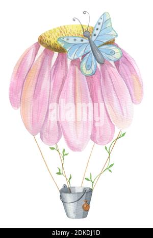 Ballon chaud de fleur rose à l'air de conte de fées de grande fantaisie colorée peint par aquarelle isolée sur fond blanc Banque D'Images