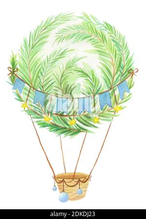 Ballon à air chaud coloré de grand conte de fées de Noël branches d'arbre peintes en aquarelle isolée sur fond blanc Banque D'Images