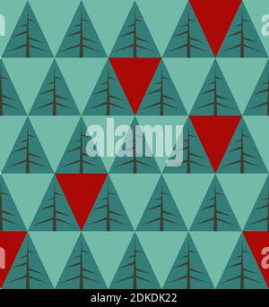 Répétition, sans couture, de sapins verts abstraits avec des accents rouges. Idéal pour emballer du papier ou des cartes de vœux pour les fêtes de Noël. Illustration de Vecteur