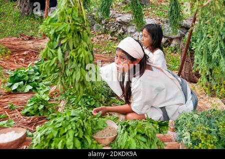 Jeunes filles dans un village maya, assis sur des tapis lors d'une cérémonie maya, Mexique Banque D'Images