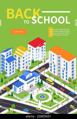 Retour à l'école - bandeau web moderne et coloré isométrique avec espace de copie pour le texte. Paysage urbain de haute qualité avec un bâtiment, place avec une fontaine, Illustration de Vecteur