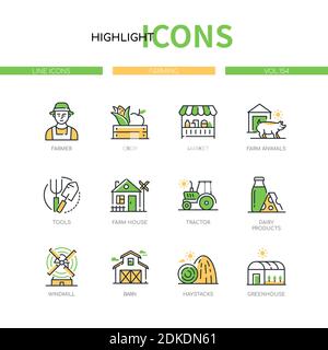 Agriculture - jeu d'icônes de style moderne. Concept d'agriculture. Agriculteur, culture, marché, animaux de ferme, outils, maison, tracteur, produits laitiers, moulin à vent Illustration de Vecteur