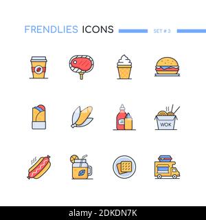 Street food - line design style icons set. Cafe or restaurant menu idea. Images of coffee to go, lemonade, ice cream, food truck, wok, corn, sauces, d Stock Vector