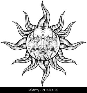 Sun face Woodcut dessin rétro Vintage gravure Illustration de Vecteur