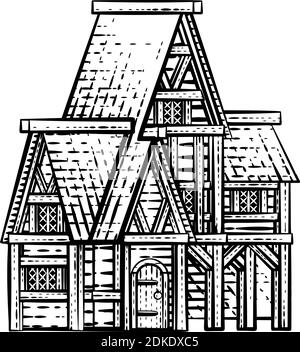 Old Medieval House Inn Building Vintage Woodcut Illustration de Vecteur