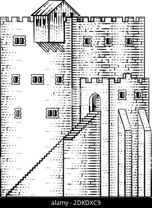 Château ancien bâtiment médiéval de style ancien en bois Illustration de Vecteur