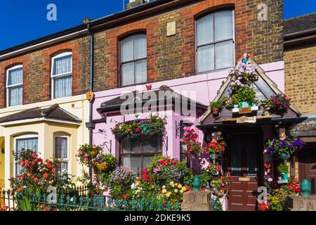 Angleterre, Kent, Deal, rue résidentielle, Maison avec fleurs de jardin de devant colorées Banque D'Images