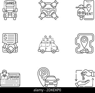 Ensemble d'icônes linéaires de services de location et de partage de voitures. Obtenir des voitures et des camions à terme d'une autre personne. Symboles de contour de ligne mince personnalisables. Isoler Illustration de Vecteur