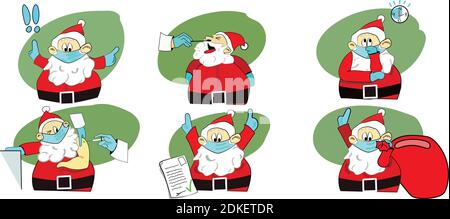 vecteur de noël. Le Père Noël se prépare à livrer les cadeaux. Cette année, il a été testé pour le coronavirus et a été vacciné pour être en bonne santé Illustration de Vecteur