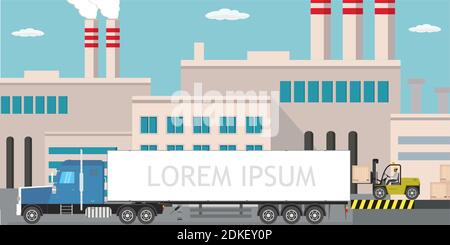 Industrial factory,city view on background,Delivery long truck and forklift with wooden box,Pipe with smoke.Flat vector illustration Stock Vector