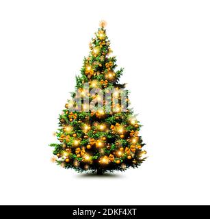 Sapin de Noël décoré avec goût et boules dorées Banque D'Images