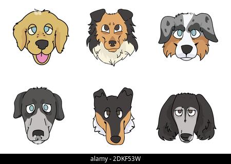 Cute cartoon dog breed set vector clipart. Pedigree kennel rough collie, golden retriever for dog lovers. Purebred greyhound smooth collie and borzoi Stock Vector