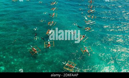 Les touristes sont à regarder les requins baleines dans la région de la ville de Oslob, Philippines, vue aérienne. L'été et les vacances Banque D'Images