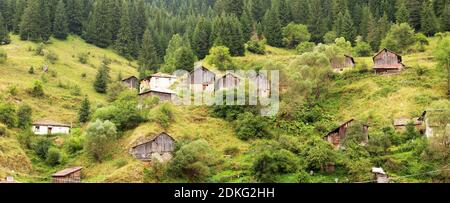 Dépendances de campagne (hangars) dans la forêt de conifères sur les pentes abruptes des montagnes Rhodope par temps nuageux (Rhodopes, Bulgarie) Banque D'Images