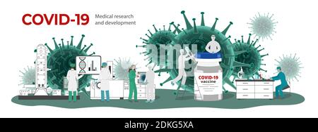 Concept de développement du vaccin contre le coronavirus Covid-19 avec des personnages scientifiques et médecins en laboratoire médical de recherche. Scène avec des virus sur b Illustration de Vecteur