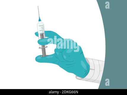 Le médecin tient la seringue de vaccin du coronavirus en main dans un gant bleu. Illustration vectorielle de style plat sur fond blanc Illustration de Vecteur