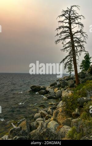 Secret Cove le long du lac Tahoe dans le Nevada avec un ciel voilé en raison des feux de forêt à proximité en Californie. Banque D'Images