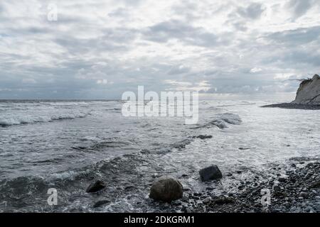 Denmark, Møn peninsula, landscape at Møns Klint, near Møn Fyr, stone beach, approaching storm Stock Photo