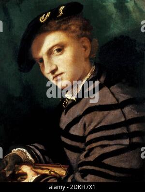 Renaissance italienne Lorenzo Lotto 1480 – 1556/1557. Portrait d'un jeune homme. Vers 1526. Peinture à l'huile sur bois. 34.5 x 27.5. Banque D'Images