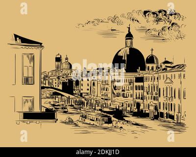 Dessin vectoriel à la main illustration du Grand Canal à Venise. Venise Skyline esquisse dessinée à la main dans la couleur noire isolée sur fond beige. Déplacement Illustration de Vecteur