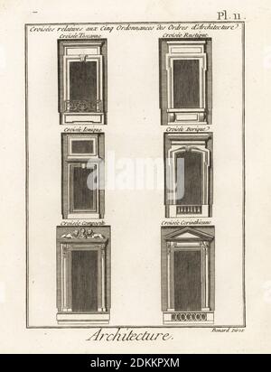 Ordres de fenêtres dans l'architecture grecque et romaine: Toscane, rustique, Doric, Ionic, Corinthien et composite. Gravure sur plaque de coperplate de Robert Benard de Denis Diderot et Encyclopédie de Jean le rond d’Alembert (Encyclopédie), Genève, 1778. Banque D'Images