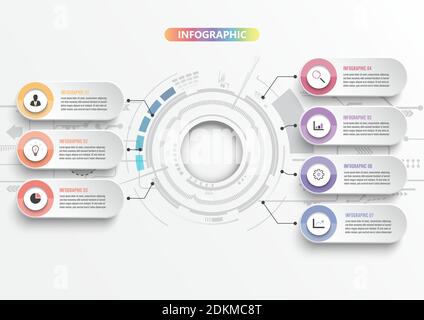 Modèle d'infographie vectoriel avec étiquette papier 3D, cercles intégrés. Business concept avec 7 options. Pour le contenu, le diagramme, l'organigramme, les étapes, les pièces, t Illustration de Vecteur