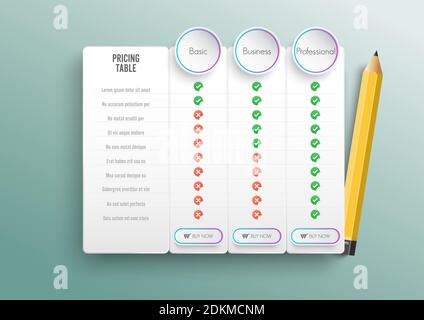 Liste de prix de comparaison. Comparaison de prix ou de plan de produit comparer les produits d'achat d'entreprise rabais hébergement grille d'image. Tableau des coûts des services. Illustration de Vecteur