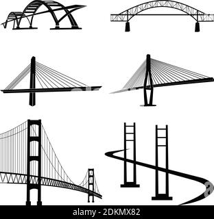 Ponts ensemble d'icônes de vecteur de perspective de silhouette, contructions de ponts, ensemble d'icônes de ponts de silhouette isolés Illustration de Vecteur