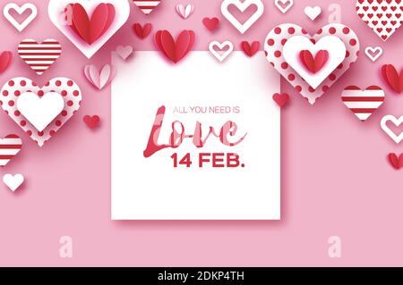 Bonne Saint-Valentin avec coeur en papier. Le vol des cœurs d'amour. Vacances romantiques. Cadre carré pour le texte. Février 14. Vecteur. Illustration de Vecteur