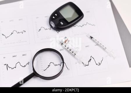 Loupe sur les diagrammes de glycémie de la personne atteinte de diabète avec seringue, flacon et appareil de mesure du glucose Banque D'Images