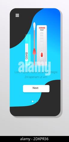 écouvillonner le test nasal covid-19 et la cassette de combat rapide contre le coronavirus illustration vectorielle verticale de l'espace de copie de l'écran du smartphone du concept de pandémie Illustration de Vecteur