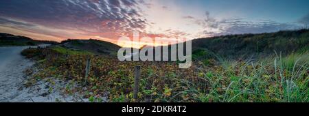 Panorama d'un soleil bleu et violet se coucher derrière une dune, au coucher du soleil. Couverture longue ou médias sociaux. Banque D'Images