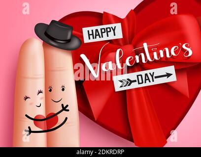 Motif d'arrière-plan vectoriel couple de Saint-Valentin. Joyeux texte de bienvenue de Saint Valentin avec les adorables amoureux des doigts dans l'amour et embrassant avec le cadeau rouge pour romantique. Illustration de Vecteur