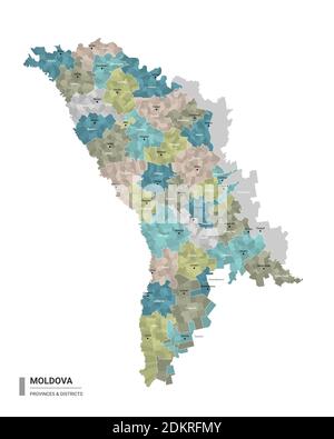 Carte détaillée du higt de Moldavie avec subdivisions. Carte administrative de la Moldavie avec le nom des districts et des villes, coloré par les Etats et distri administratif Illustration de Vecteur