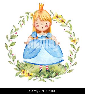 Illustration aquarelle d'une jolie petite princesse dans une robe bleue. Petite fille entourée d'une couronne d'aquarelle. Isolé. Banque D'Images