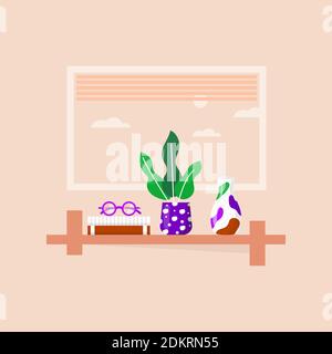 Étagères avec livres préférés, usine de bureau, vase et verres. Bibliothèque de livres dans la salle, livre de lecture pour la maison avec le lieu de travail pour l'éducation. VVecto Illustration de Vecteur