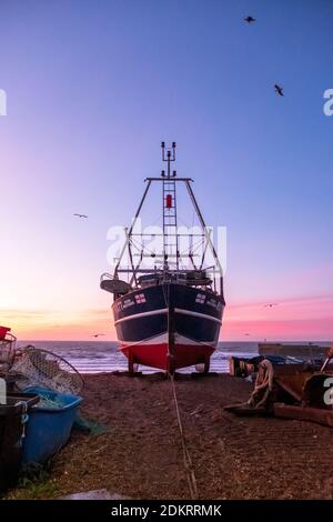 Hastings, East Sussex, Royaume-Uni. 16 décembre 2020. Lever de soleil aux premières couleurs tandis que les mouettes planent sur un bateau de pêche lors d'une journée ensoleillée, douce mais rafraîchissante. Carolyn Clarke/Alamy Live News Banque D'Images