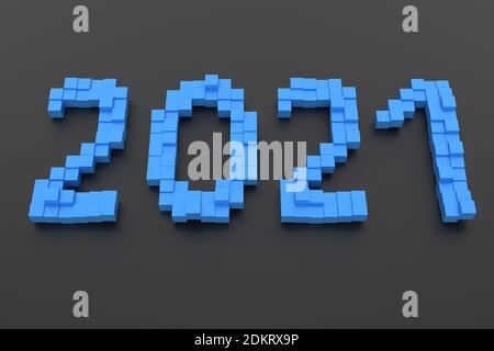 Concept de la nouvelle année. Numéro bleu 2021 sur fond sombre. rendu 3d Banque D'Images