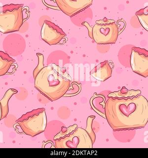 Tasses à thé et motif sans coutures pour théière. Fond de bébé rose avec poterie et coeurs. Illustration de Vecteur