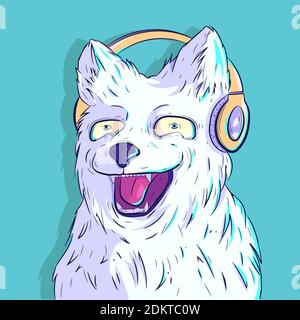 Illustration vectorielle d'un chien blanc furry avec casque. Un animal de dessin animé avec un grand sourire à l'écoute de la musique. Illustration de Vecteur