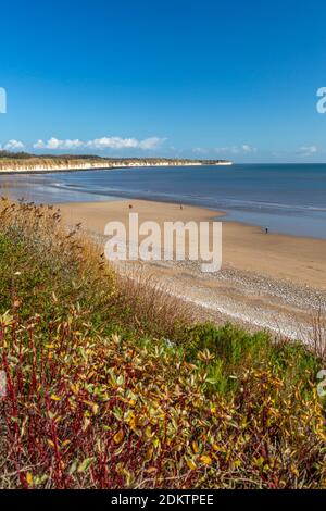 Vue sur Flamborough Head depuis le rivage de North Beach, Bridlington, North Yorkshire, Angleterre, Royaume-Uni, Europe Banque D'Images