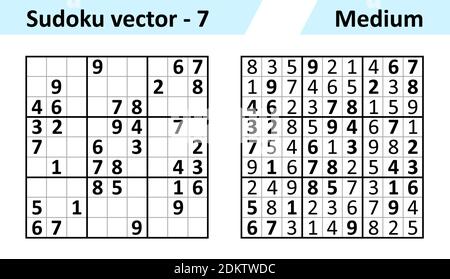 Sudoku jeu avec réponses. Ensemble de conception vectorielle simple Sudoku. Modèle vide. La complexité de la tâche est moyenne. Illustration de Vecteur