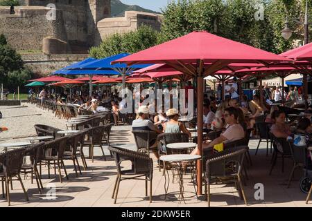 Collioure (sud de la France) : terrasse du café en face de la plage de Boramar Banque D'Images