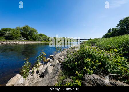 Wesel, Rhénanie-du-Nord-Westphalie, Basse-Rhin, Allemagne, rivière Lippe à l'embouchure de la rivière Lippe, regardant en amont en direction du pont Schillst Banque D'Images