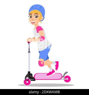 Mignon dessin animé petite fille jouant avec un scooter isolé sur blanc arrière-plan Illustration de Vecteur