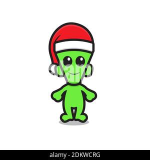 adorable mascotte vert extraterrestre portant un chapeau de père noël. design isolé sur fond blanc. Banque D'Images